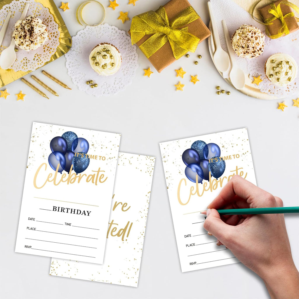 Blue Balloons Birthday Party Invitations For Boys Girls - Let's Celebrate - 20 Double-Sided Fill In Style Invite Cards With Envelopes - Birthday Party Favor & Decorations - B06