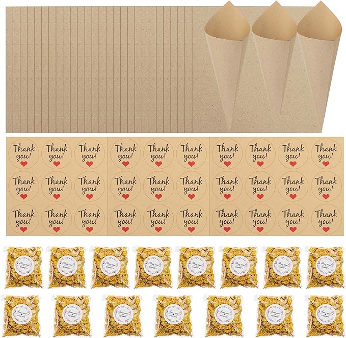 PATIKIL Dried Flower Confetti Cones, 30Pcs Paper Tapers Cone Holder with Dried Rose Petals / Sticker for Wedding Party Engagement Birthday DIY Decoration, Light Yellow/Pink