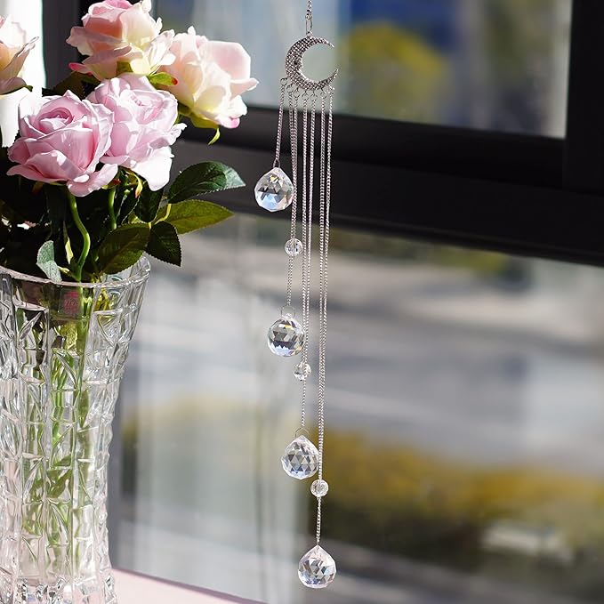 Hanging Clear Crystal Suncatcher Ornaments with Moon Decor Rainbow Maker Crystal Beads Ball Prisms Pendant
