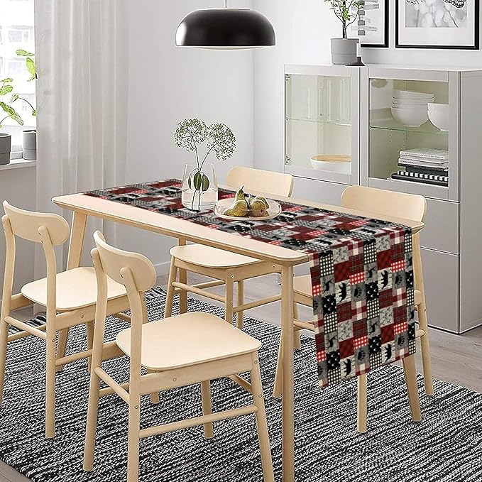 Rustic Farm Table Runner,Vintage Woodland Deer Bear Animal Buffalo Plaid Print Tablecloth Burlap for Hotel Indoors Outdoor Dining Room Kitchen Home Decor,W13X L36 in
