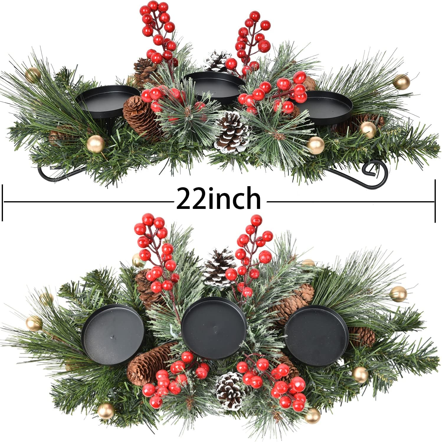 Lvydec Christmas Candle Holder Centerpiece - Pine Cones and Red Berry Table Centerpiece with 3 Candle Holders for Festival Table Home Decoration