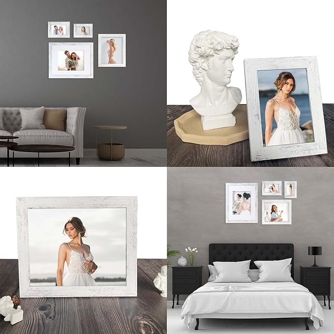 8x10 Picture Frame Set of 4, High Definition Glass Distressed White Frame, 8 x 10 Wood Photo Frames for Tabletop Display and Wall Mounting