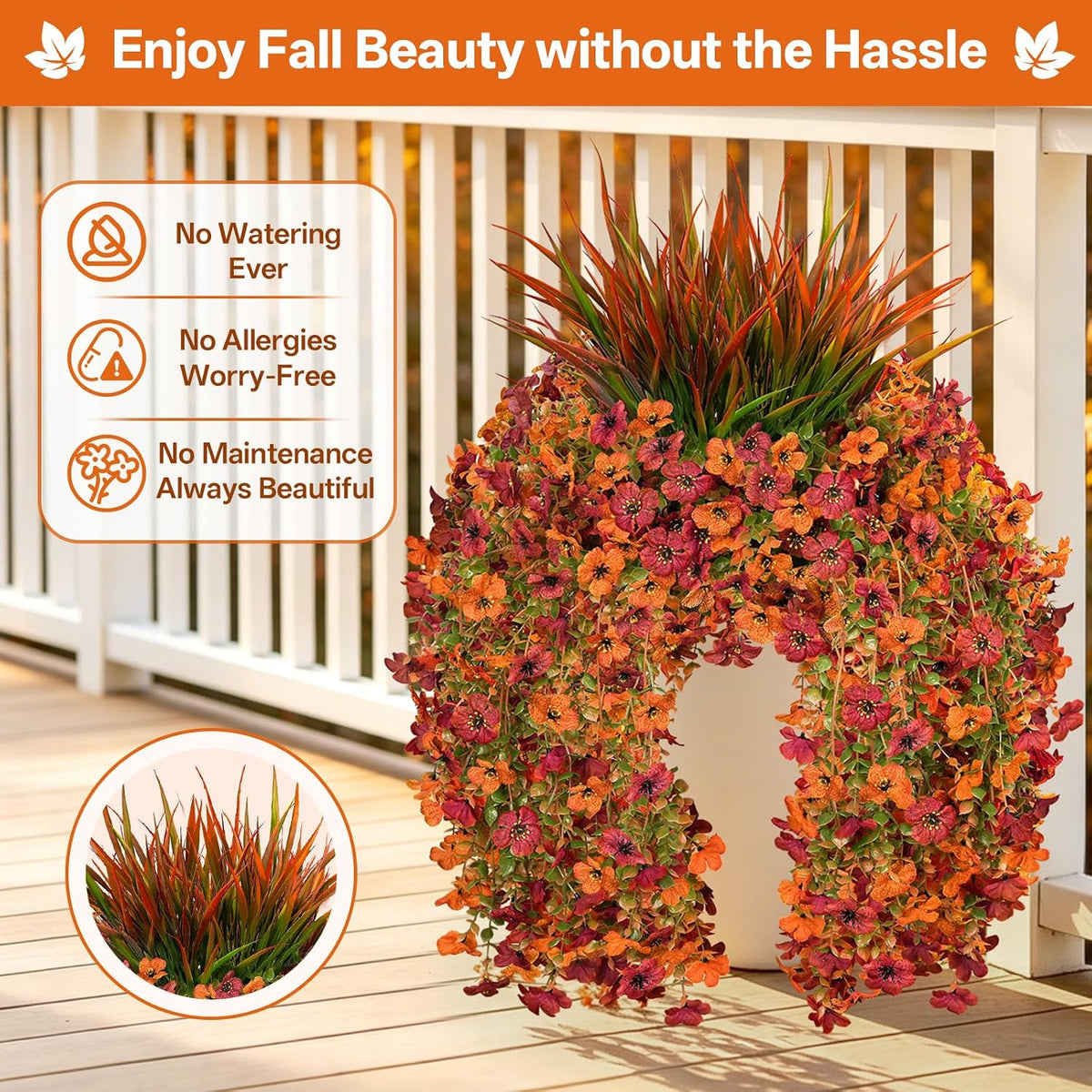 artificial fall hanging flowers for outdoor, five-petaled faux, close-up detail