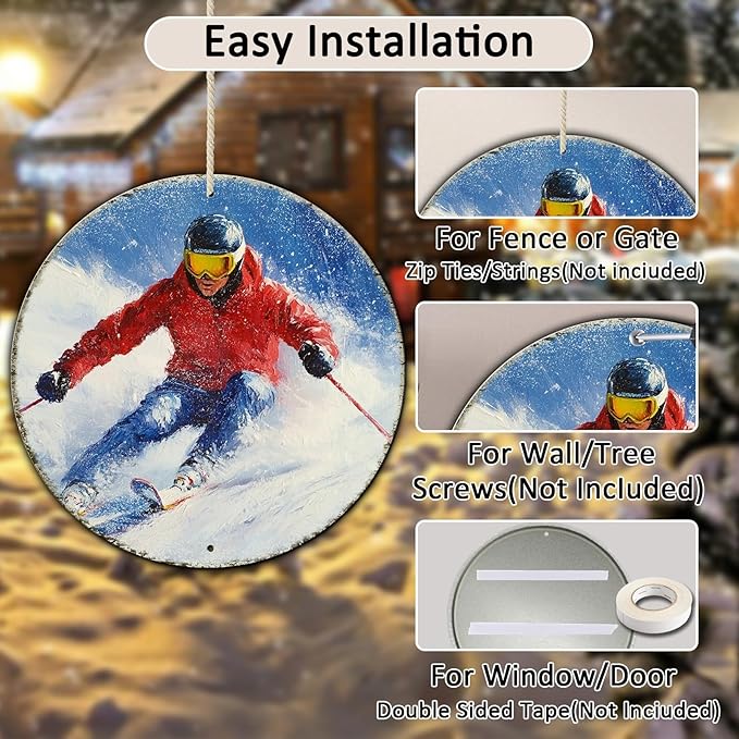 Round Ski Vintage Metal Sign Skiing Sign, Office Sign Home Décor Ski Lodge Décor Cabin Tin Sign 8 * 8 in