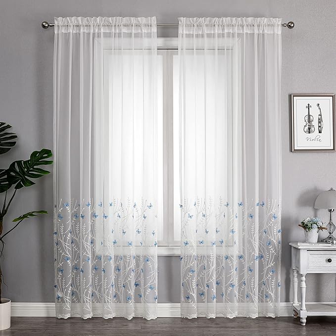 VISIONTEX White Sheer Voile Curtains, Decorative White Embossed Butterflies Rod Pocket Window Drapes for Home Kitchen, Living Room and Bedroom 54 x 84 Inch, Set of 2 Curtain Panels