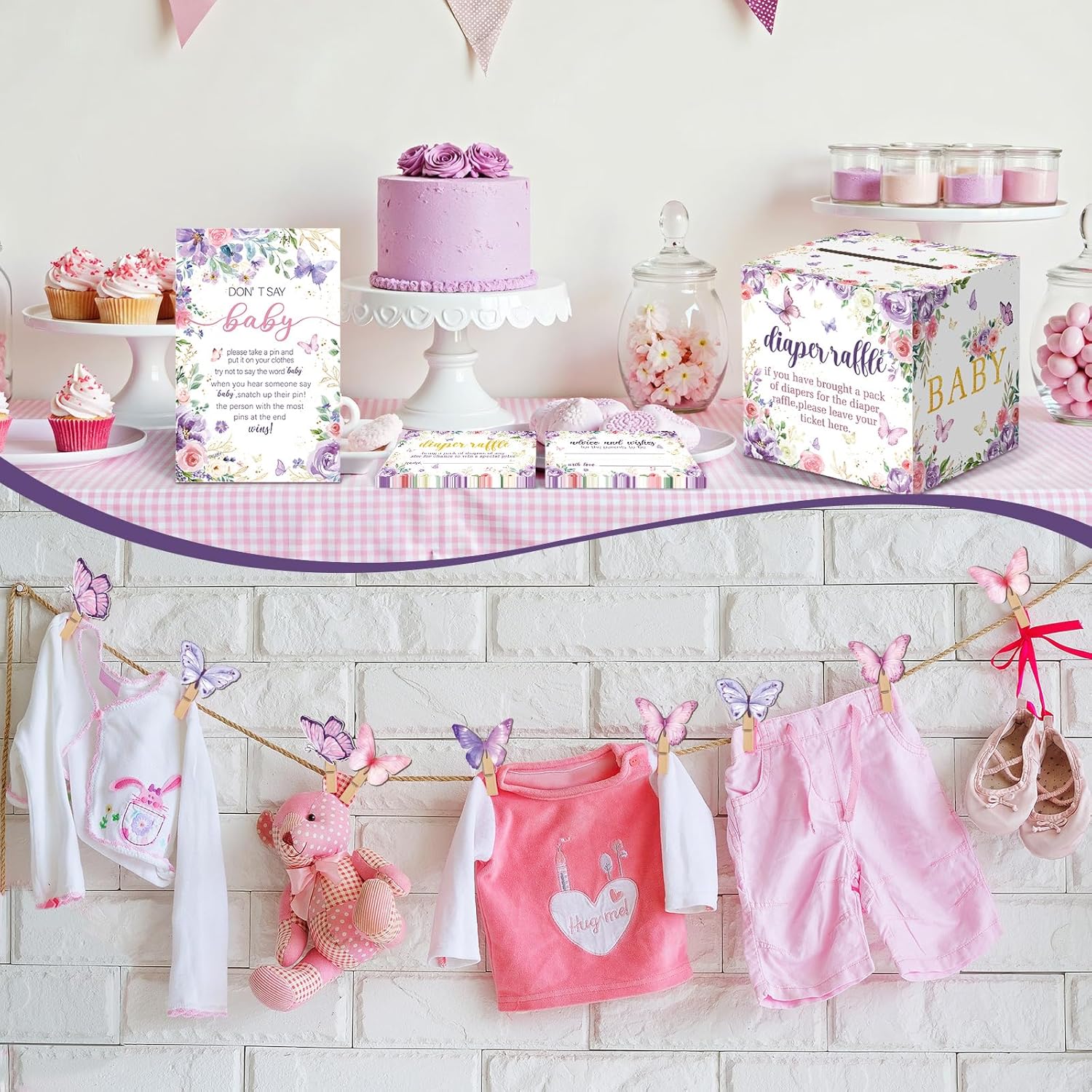 102 Pcs Butterfly Baby Shower Game Supplies Include 50 Diaper Raffle Tickets,1 Diaper Raffle Card Box,1 Don't Say Baby Sign and 50 Mini Butterfly Clothespins for Girls Gender Reveal Party Favors