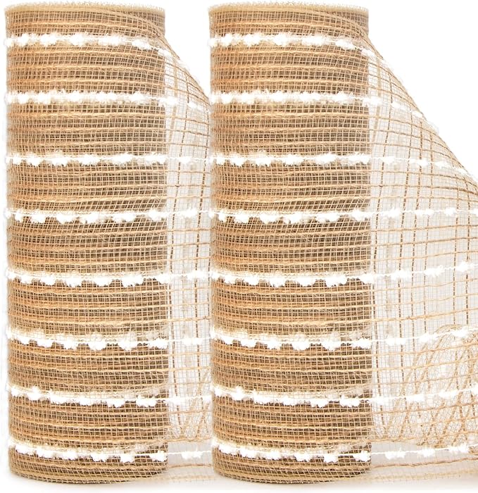 Ribbli Christmas Tree Ribbon Garland-2 Rolls Snowball Natural Burlap Mesh,10 inch x 30 feet(10Yard), Christmas Ribbon for Wreath Swags and Tree