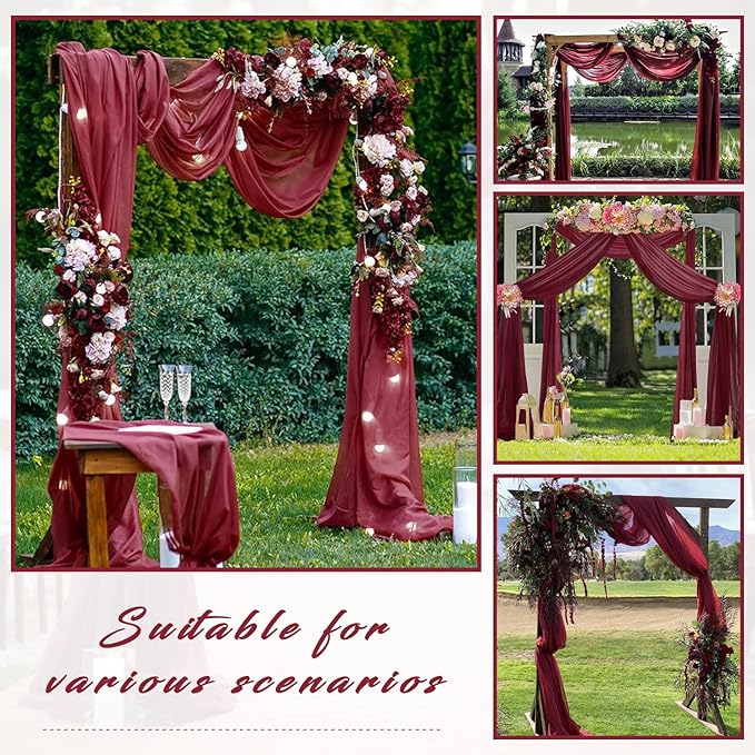 20Ft Length x 28" Width Wedding Arch Draping Fabric 4 Panels Burgundy Arch Drapes Chiffon Fabric Sheer Curtains Backdrop for Party Decorations Wedding Ceremony Bridal Ceiling Stage Reception Decor