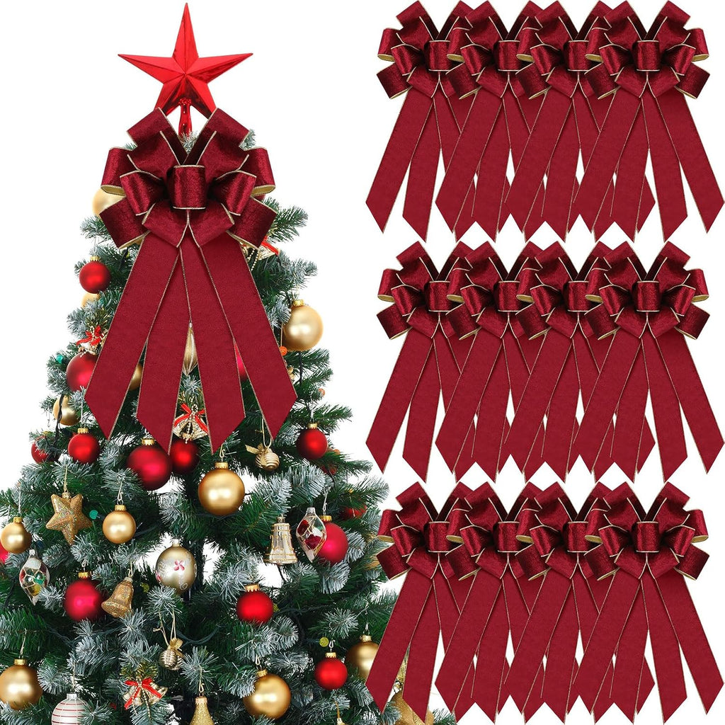 Yinkin 12 Pack Christmas Velvet Wreath Bows 11.4"x19.6" Large Christmas Tree Topper Bow for Winter Xmas Home Party Front Door Fireplace Stairs Railing Mailbox Decor (Wine)