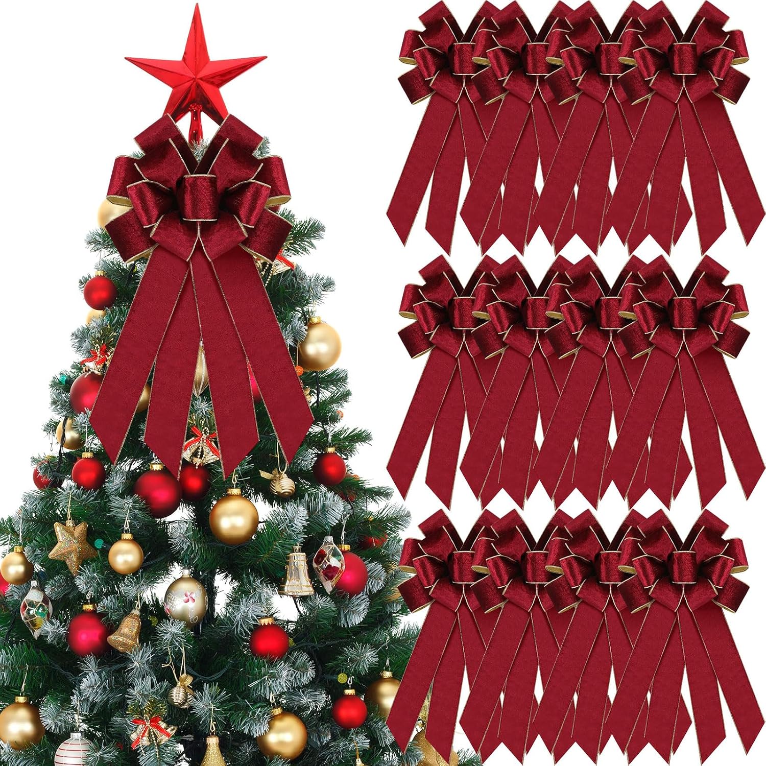 Yinkin 12 Pack Christmas Velvet Wreath Bows 11.4"x19.6" Large Christmas Tree Topper Bow for Winter Xmas Home Party Front Door Fireplace Stairs Railing Mailbox Decor (Wine)