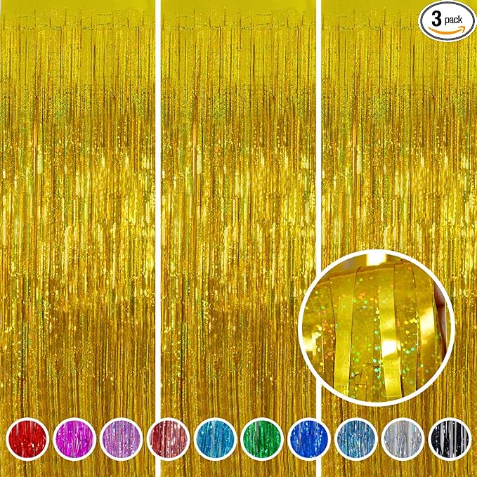 Foil Fringe Curtains Happy Retirement Decorations - Melsan 3 Pack 3.2 x 8.2 ft Gold Tinsel Curtain Party Photo Backdrop for Birthday Party Baby Shower or Graduation