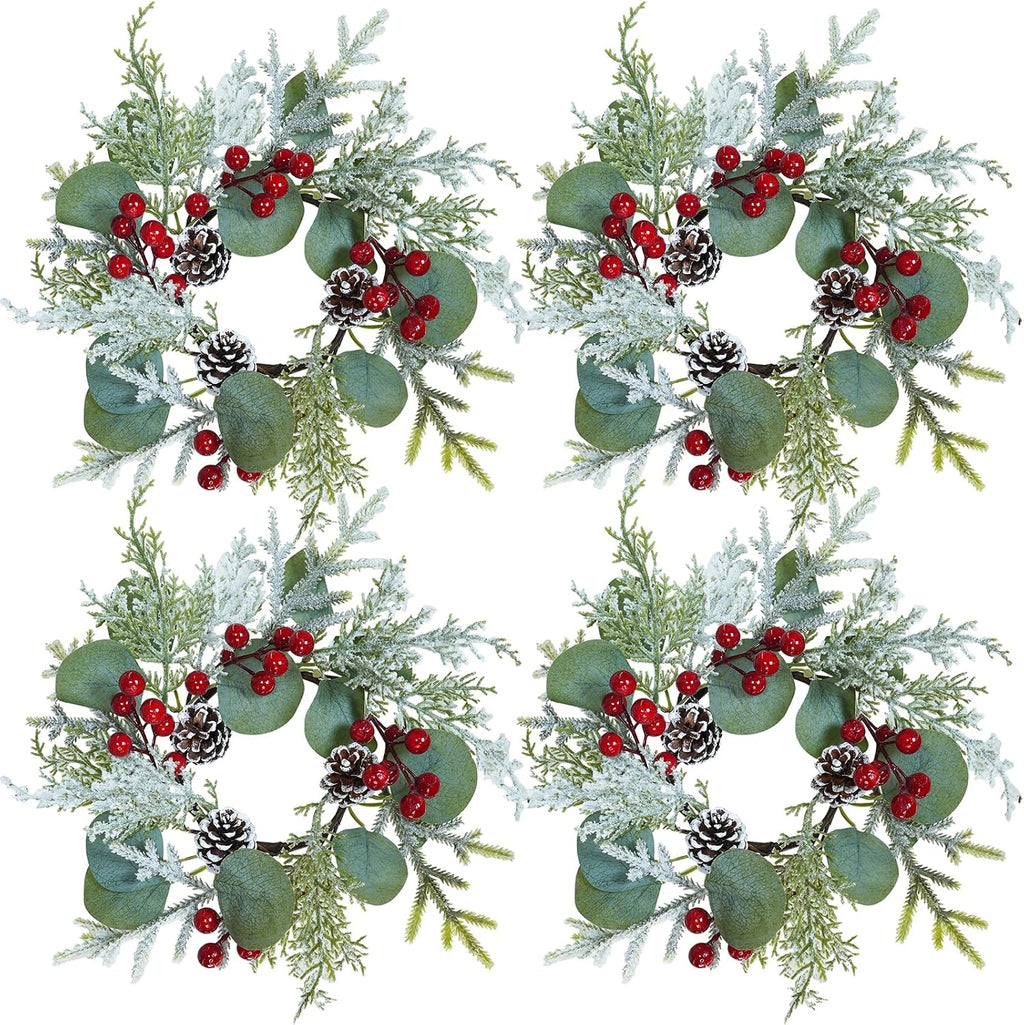 Winlyn 4 Pcs Artificial Eucalyptus and Snowy Cedar Candle Rings Christmas Candle Holder Rings Mini Window Wreaths 12.2" Wide with Red Berries Pine Cones for Holiday Winter Wedding Seasonal Decoration