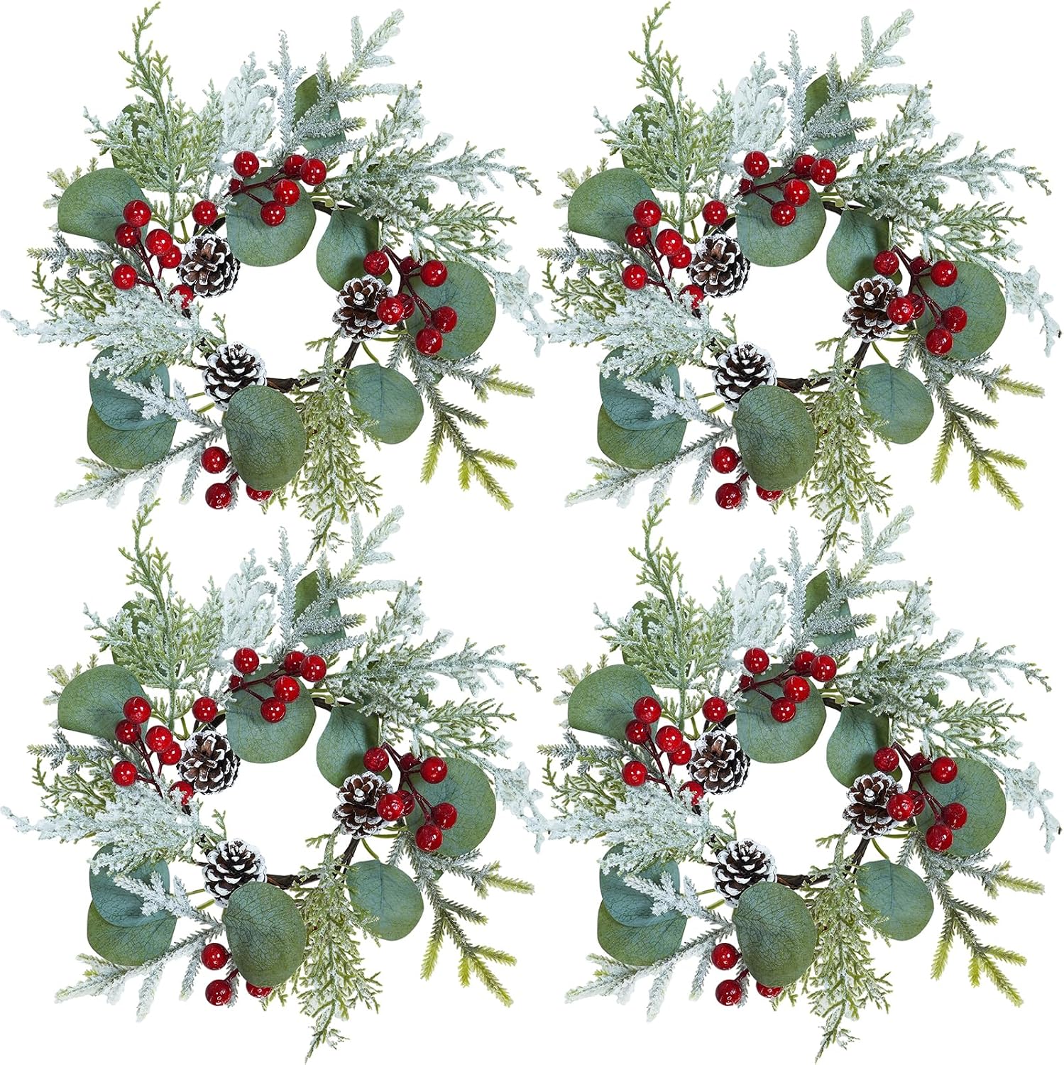 Winlyn 4 Pcs Artificial Eucalyptus and Snowy Cedar Candle Rings Christmas Candle Holder Rings Mini Window Wreaths 12.2" Wide with Red Berries Pine Cones for Holiday Winter Wedding Seasonal Decoration