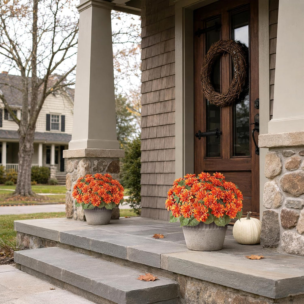 VIERENA 2 Set of Fall Artificial Dahlia Topiary Ball Trees - Fake Silk Dahlia Flower Bushes, UV Resistant Faux Floral Shrub Potted for Front Door Porch Farmhouse Outdoor Autumn Decor (Orange)