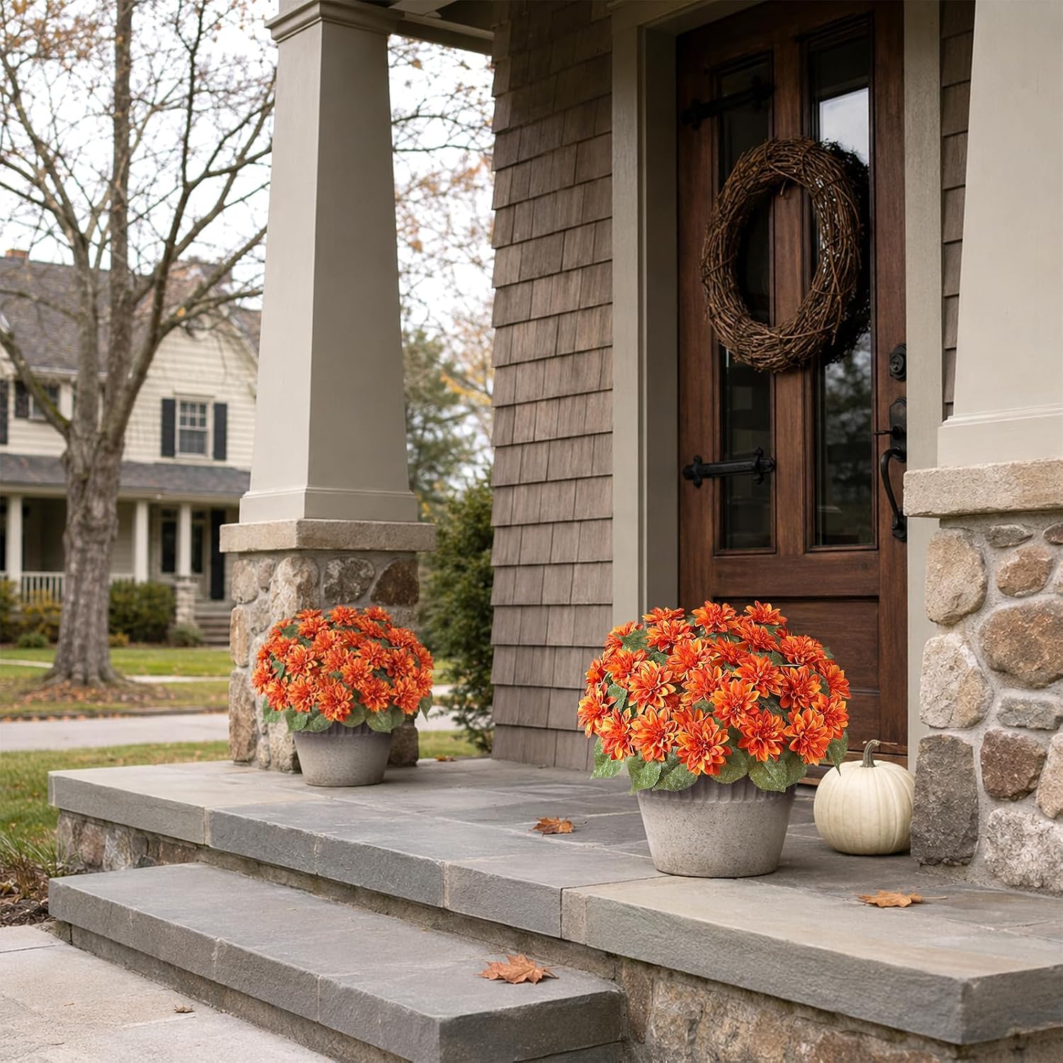 VIERENA 2 Set of Fall Artificial Dahlia Topiary Ball Trees - Fake Silk Dahlia Flower Bushes, UV Resistant Faux Floral Shrub Potted for Front Door Porch Farmhouse Outdoor Autumn Decor (Orange)