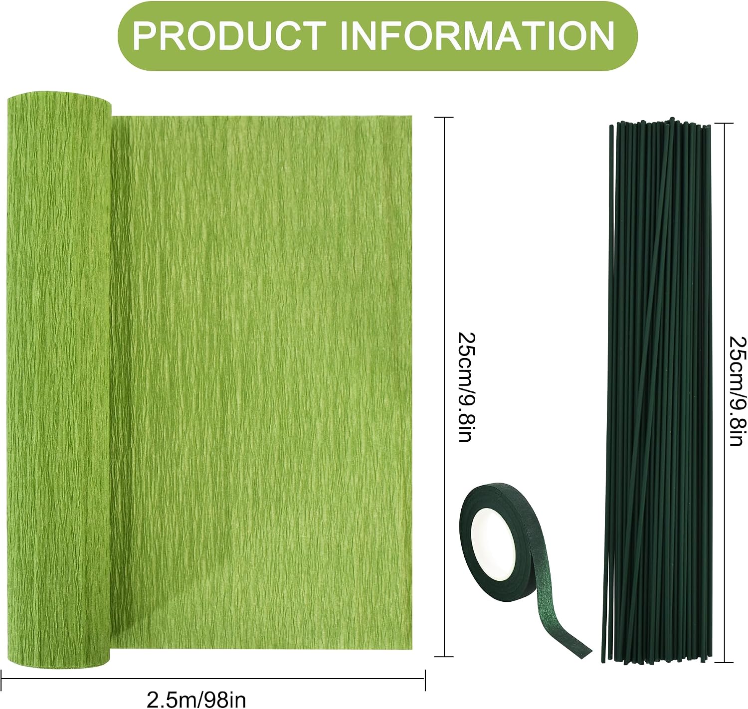BEISHIDA 6 Rolls Crepe Paper Roll, 6 Green Series Crepe Paper Sheet for Flower Making, Flowers Kit with Tape and Wire for Wedding Birthday Holiday Party Decoration,DIY Craft(9.8in x 8ft/Roll)