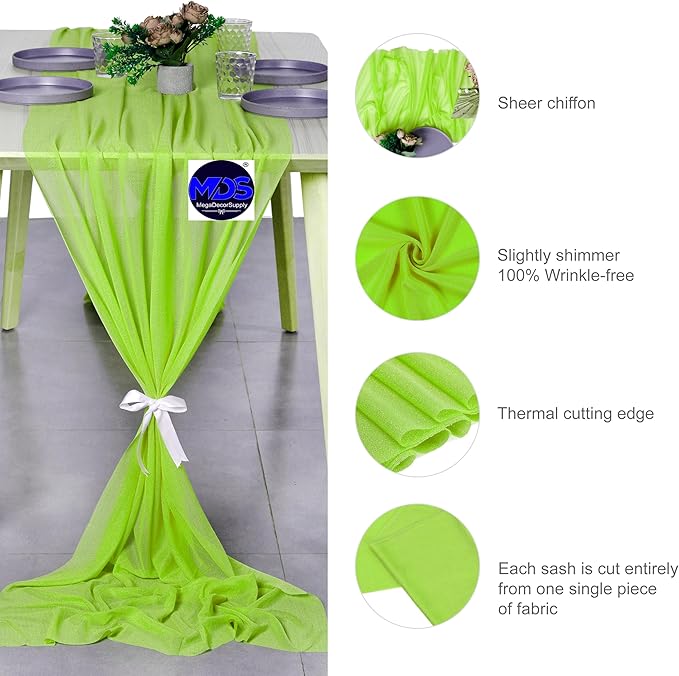 MDS 2 Pack 10ft Chiffon Table Runner 29 x 120 Inches Sheer Wedding Runner Romantic Rustic Table Runner for Wedding Decorations, Birthday Parties, Bridal Shower Party Arch Decor - Parrot Green
