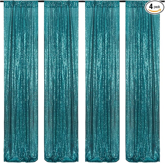 Poise3EHome Teal Sequin Backdrop Curtain,4 Panels 2FTx8FT Glitter Background for Party Birthday Party Baby Shower Wedding Christmas Thanksgiving Halloween Holiday Festival Decor