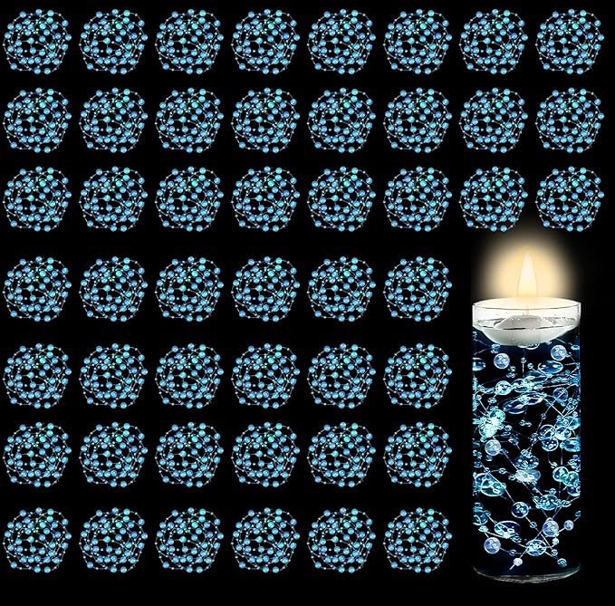 50 PCS Artificial Floating Beads for Centerpieces & Vase Fillers - Transparently BlueAB 8+3mm String Beads, Faux Pearl Strings for Wedding, Party, Crafts, and Home Decoration