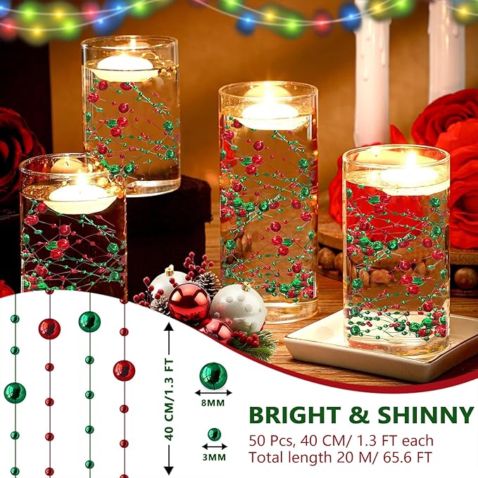 50 PCS Artificial Floating Beads for Centerpieces Vases, 8+3mm String Beads for Christmas Party Pearl String for Decoration, Red & Green String Pearls for Crafts Vase Fillers