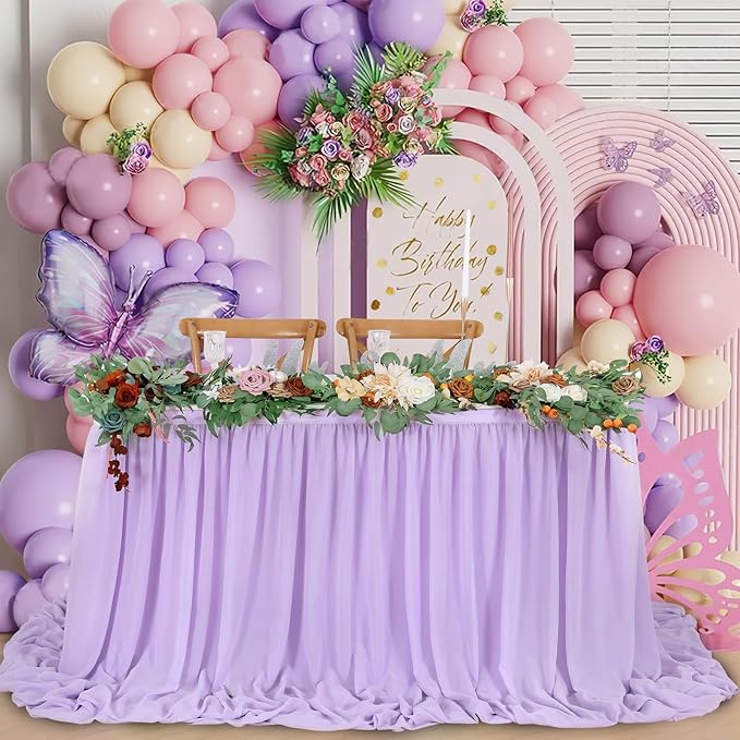 QueenDream 14ft Lavender Chiffon Table Skirt Purple Sheer Tablecloth for Rectangle Tables for Baby Shower Birthday Party Decorations