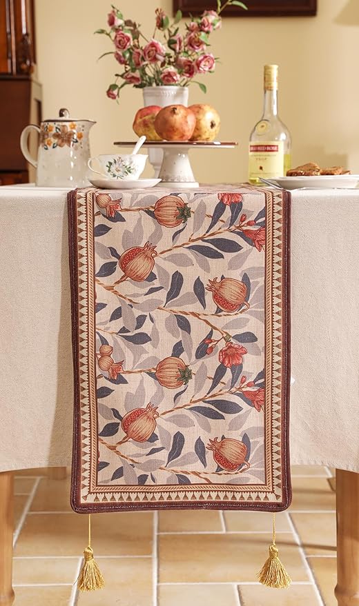 patdrea Designer Vintage SaddleBrown Linen Table Runner 87 Inch Long, Pomegranates Pattern Table Mat, Decoration for Kitchen Dining Table Coffee Table Shelf Cabinet Banquet Christmas ,12"*87"