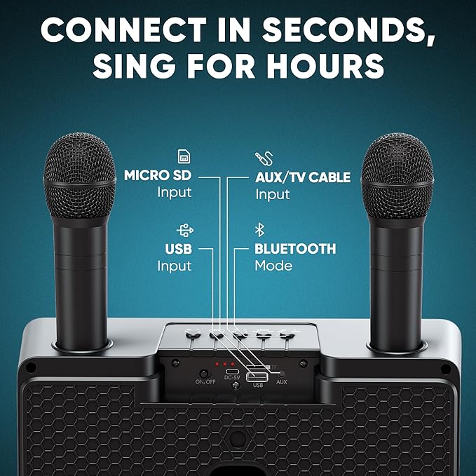 MASINGO Karaoke Machine for Adults and Kids with 2 Wireless Microphones, Portable Bluetooth Singing Speaker, Colorful LED Lights, PA System, Lyrics Display Holder, and TV Cable. Presto G2
