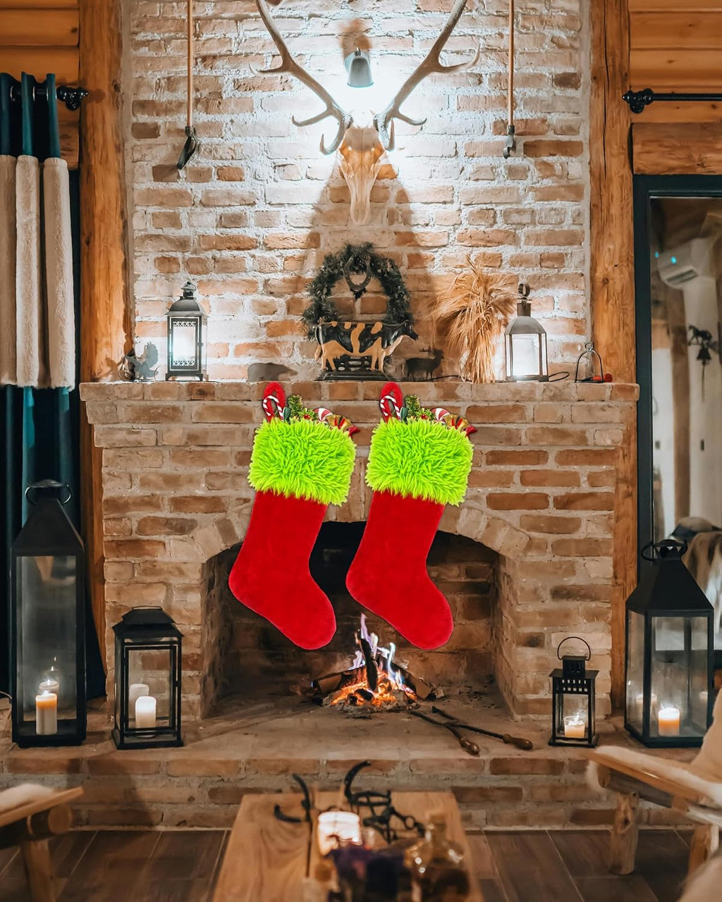 2PCS Christmas Stockings with Names Tag, 20 Inch Green Faux Fur Velvet Personalized Xmas Stockings, Hanging Ornament Large Gift Bags for Fireplace Window Door Tree Christmas Decorations(Red)