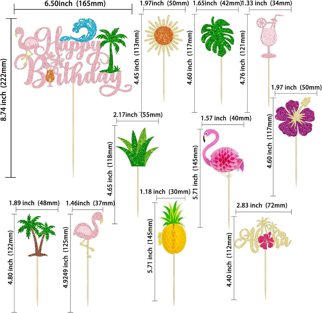 Ephlyn 33Pcs Summer Beach Happy Birthday Cake Topper Tropical Cupcake Toppers Flamingo Flower Palm Tree Cake Decorations for Summer Hawaiian Birthday Party Supplies Pink Multicolor