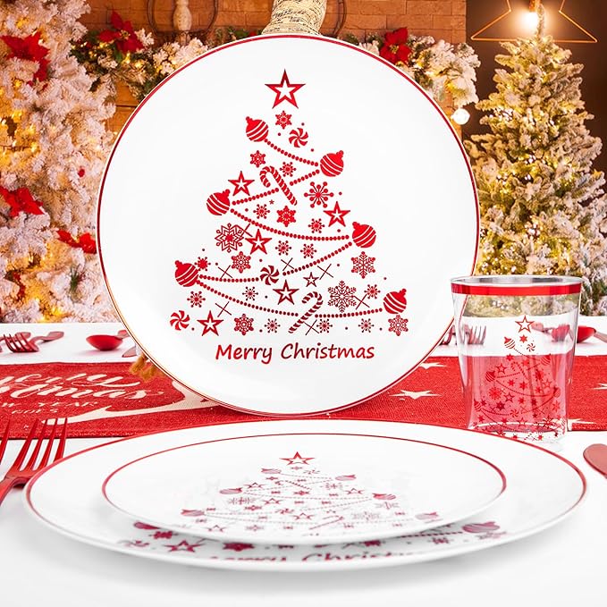 Supernal 150pcs Christmas Dinnerware - Plastic Plates, Cups, Silverware with Red Christmas Tree Pattern for Party and New Year