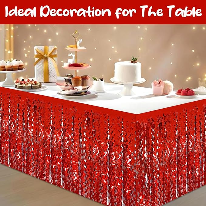 6Pack 29 x108 Inch Red Wave Foil Fringe Table Skirts Metallic Banner for Tinsel Streamer Garland Backdrop for Parade Floats, Mother's Day, Easter, Graduate, Birthday, Wedding Party Decoration