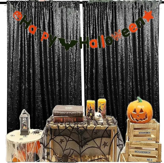 JYFLZQ Black Sequin Backdrop Curtains 2ft x 8ft 2 Panels Halloween Backdrop Glitter Photo Booth Backdrops Sparkly Photography Background Drapes for Graduation Birthday Parties