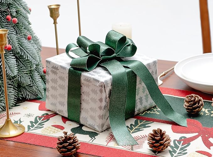 Christmas Ribbon Wired Green Satin Ribbons 1-1/2 Inch Double-Faced Gold Glitter for Tree Decoration, Wreath, Gift Wrapping, Home Decor 10 Yards