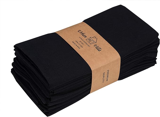 Urban Villa Cloth Napkins Halloween Dinner Napkins Solid Black Color 20''x20'' (Set of 12) 100% Cotton Slub Absorbent Napkins Soft Durable Reusable Washable Ideal for Events Parties Everyday use