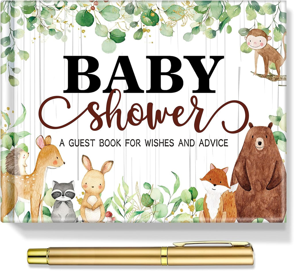 Fuyoooo 27 Pcs Woodland Animal Baby Shower Guest Book Set Baby Shower Sign in Guest Floral Book Place Table Cards with Gold Pen Adhesive Photo Corner for Birthday Party