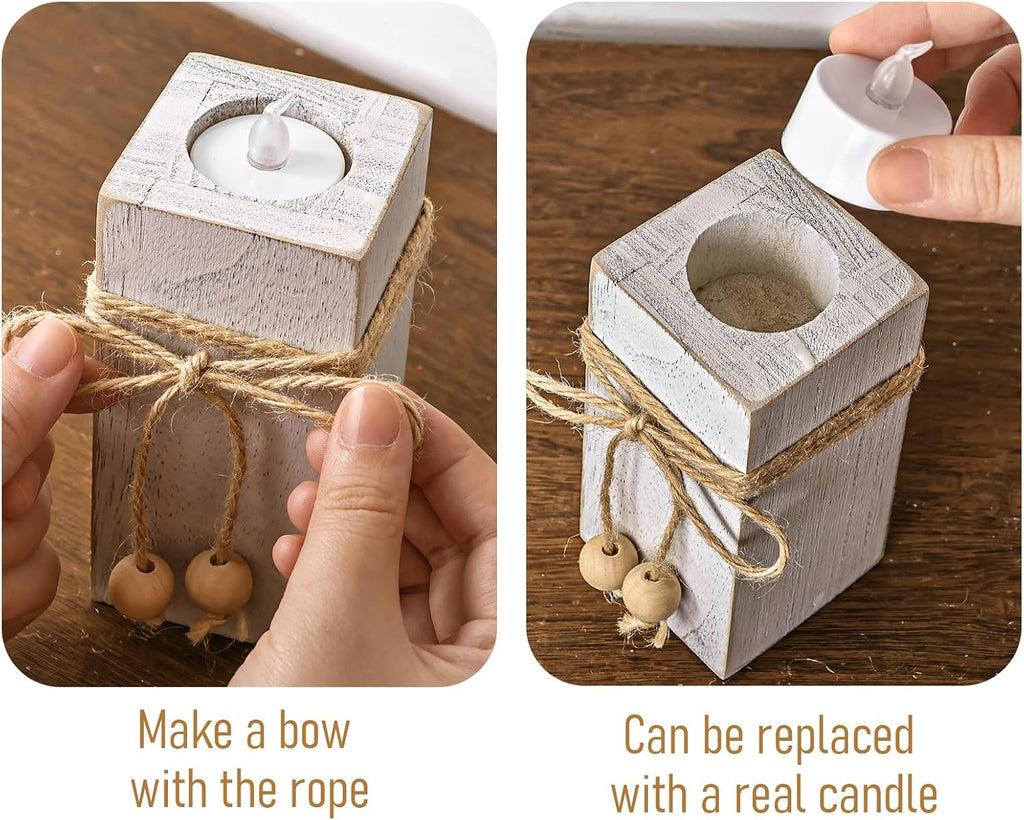MelonBoat Rustic Flameless LED Candles 3-Pack, Battery Operated Candles with Wooden Candle Holders, White Rustic Farmhouse Decor, Farmhouse Candle Holder for Valentines Holiday Party Home Decor
