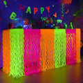 Mega-L Glow in The Dark Party Supplies, 2 Pack Neon Party Decorations Fluorescent Macaron Orange, Yellow and Fuchsia Wavy Metallic Tinsel Foil Fringe Table Skirts, Perfect Table Decors Glow Decors
