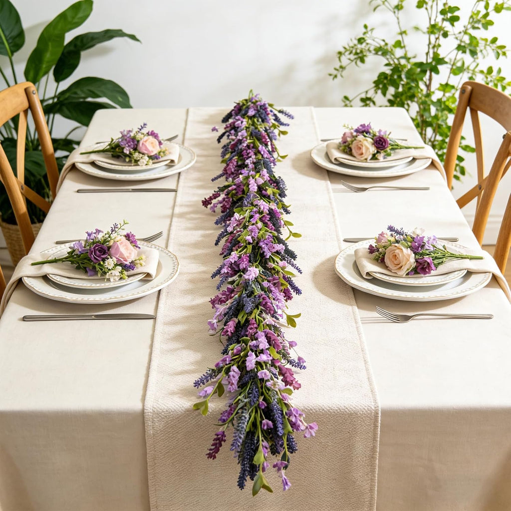 purple lavender flower garland for mantle & fireplace, close-up detail