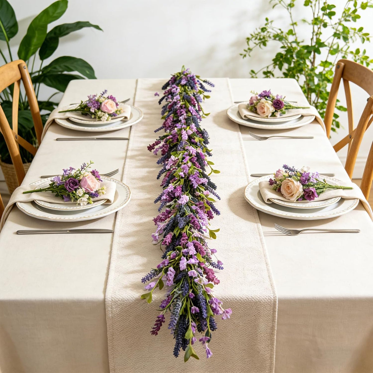 purple lavender flower garland for mantle & fireplace, close-up detail
