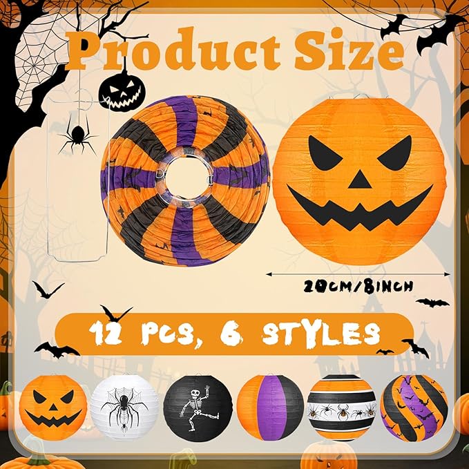 ADLKGG Halloween Party Decorations, Black Orange Purple Hanging Spider Bat Pumpkin Skeleton Paper Lantern for Halloween Birthday Decorations, Trick-or-Treating Events, Wedding,Garden Home Decor, 12pcs