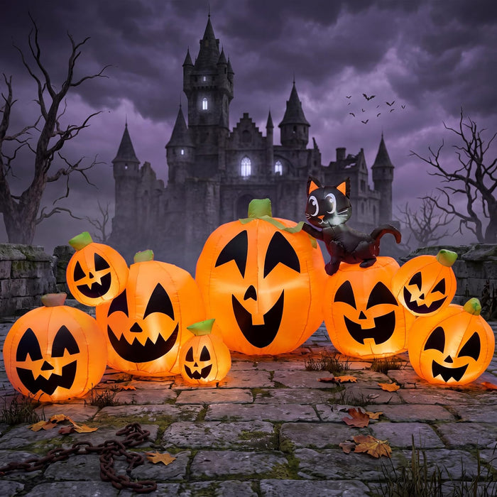 Joiedomi 10 FT Long Halloween Inflatables Outdoor Decorations, Blow Ups Inflatable Pumpkin for Yard with Witch's Cat, 8 Pcs Blow Up Pumpkin Decor for Halloween Decorations Outside