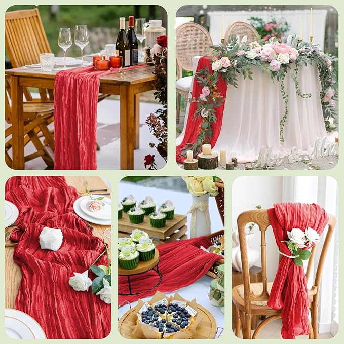 Asee'm 12PCS Fall Table Runner Cheesecloth 10FT Red Boho Gauze Fabric Rustic Sheer Cheese Cloth Runners for Thanksgiving Christmas Wedding Bridal Shower Party