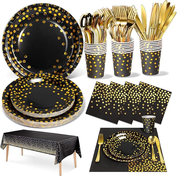 141 Pieces Black Gold Party Supplies, Party Dinnerware Sets Include Paper Plates Napkins Cups Silverware, for Wedding Bridal Shower Engagement Birthday Parties Decoration -20 Serves