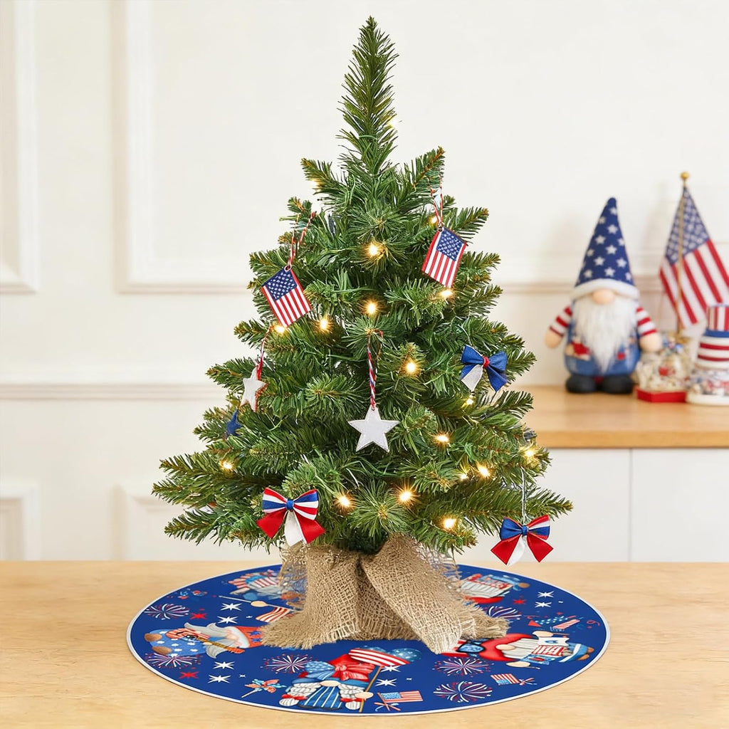 15 Inch Mini Summer Tree Skirt 4th of July Patriotics Tree Skirt Double Sided Print Mat Independence Day Holiday Party Supplies Home Tabletop Christmas Tree Decoration
