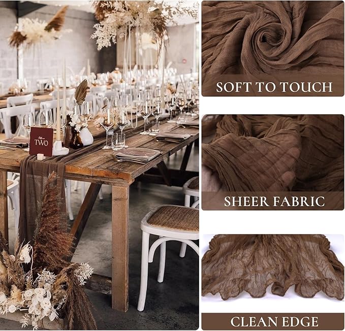 6 Pack Brown Cheesecloth Table Runner 35x120 Inch Gauze Coffee Table Runner Rustic Boho Cheese Cloth Sheer Runner for Wedding Baby Shower Bridal Shower Birthday Party Fall Decorations