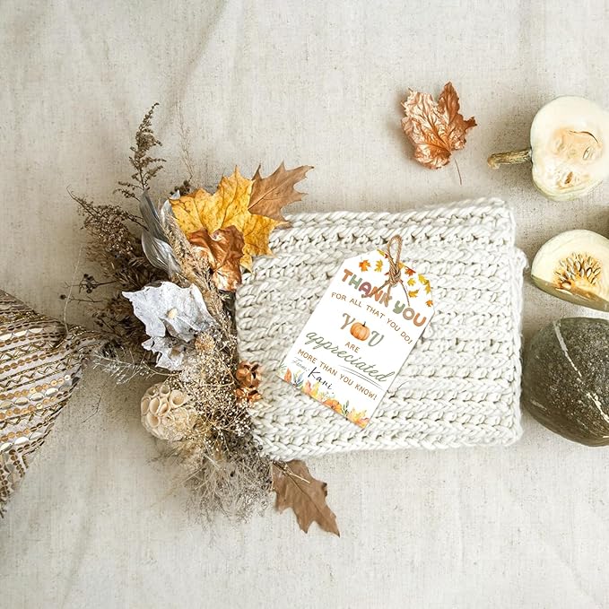 50pcs Thanksgiving Thank You Gift Tags, Friendsgiving Favor Tags with String for Teacher Staff Appreciation Favors Decoration (Appreciation)
