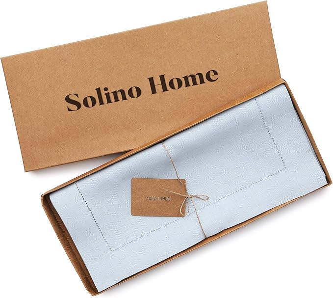Solino Home Linen Light Blue Table Runner 108 Inches Long - 100% Pure Linen 14 x 108 Inch Table Runner - Classic Hemstitch