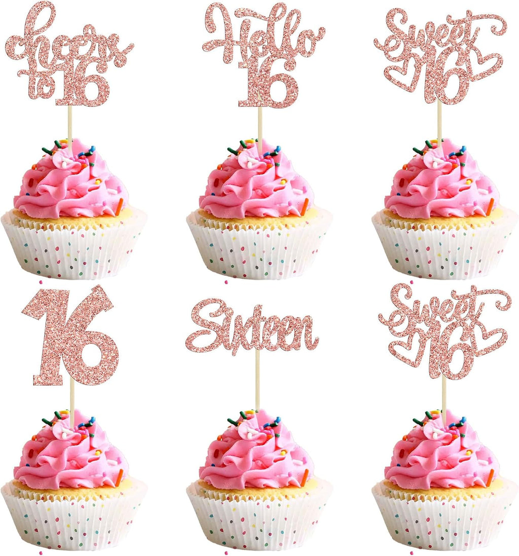 30Pcs 16th Birthday Cupcake Toppers Sixteen Happy 16th Cupcake Picks Cheers to 16 Sweet 16 Cake Decorations for Anniversary Party Supplies Rose Gold Glitter