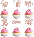 30Pcs 16th Birthday Cupcake Toppers Sixteen Happy 16th Cupcake Picks Cheers to 16 Sweet 16 Cake Decorations for Anniversary Party Supplies Rose Gold Glitter
