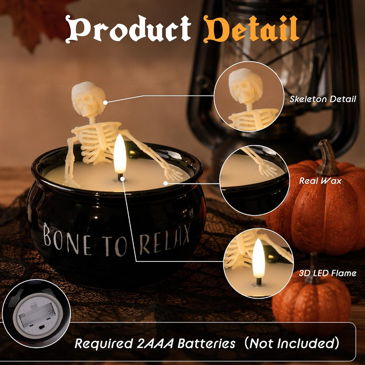 Halloween Flameless Candles 2 Pack, Skeleton Bath Battery Operated Decor